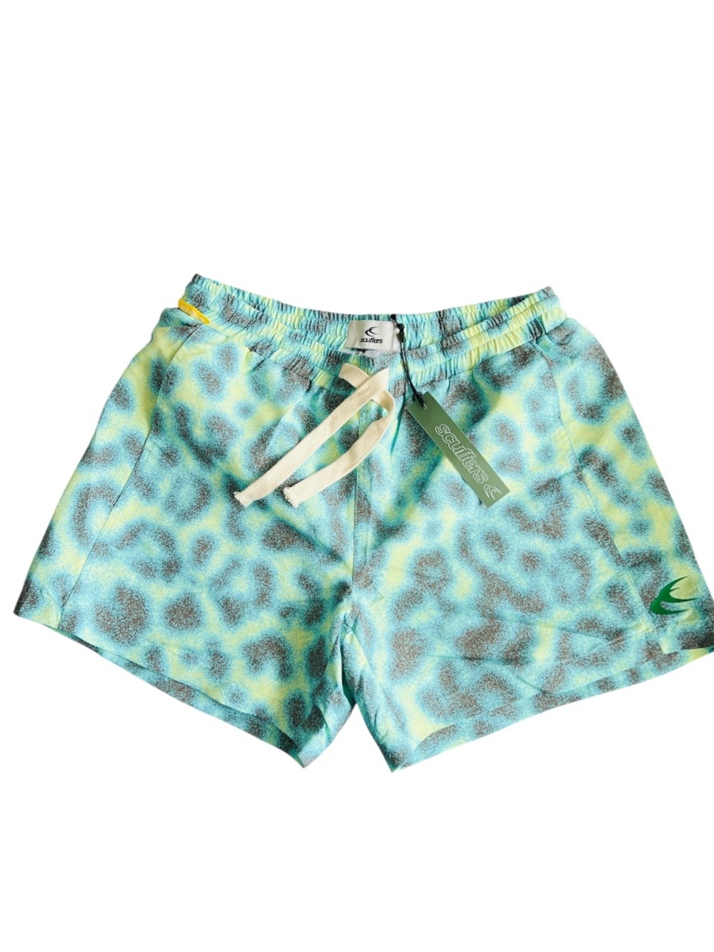 Scuffers Blue Cheetah Swim Shorts Green & Blue Size M New w. Tags Back Pocket